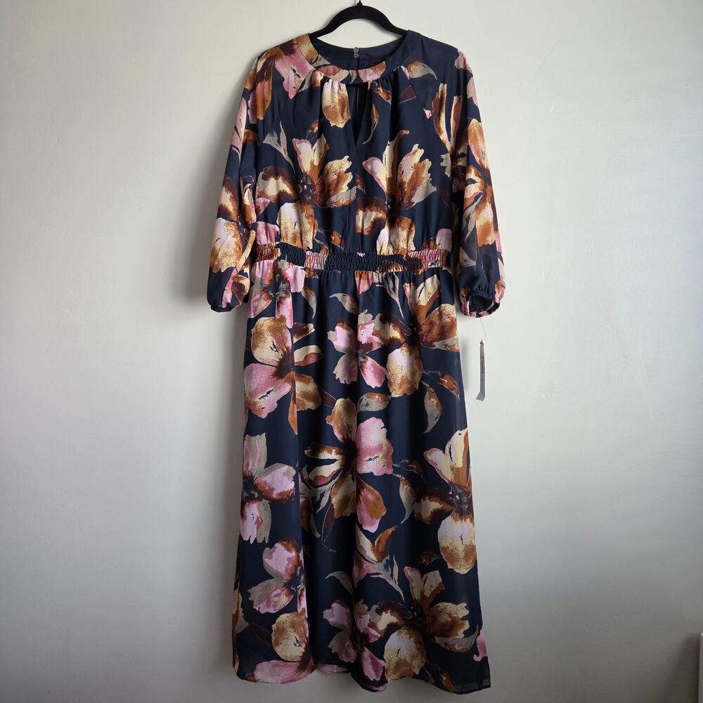 NWT Maggy London Floral Chiffon Navy Orange Long Sleeve Wedding Midi Dress SZ XL